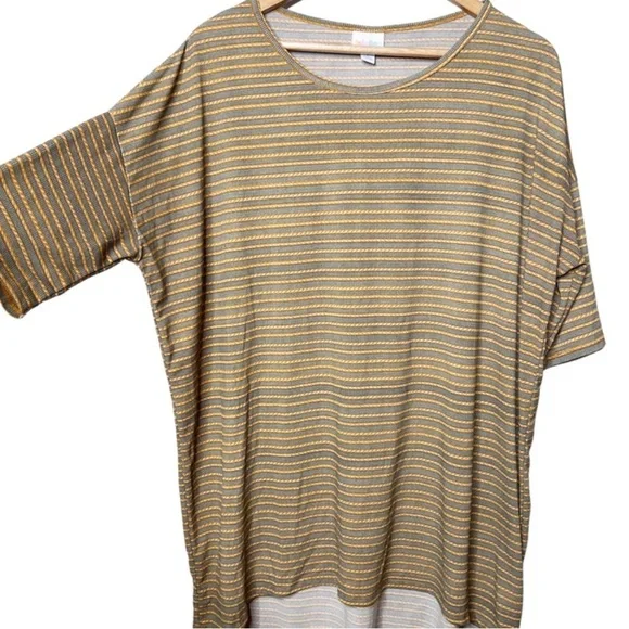 LuLaRoe Classic T Heathered Stripe‎ Gray Yellow Short Sleeve Top Women OS - Picture 4 of 16